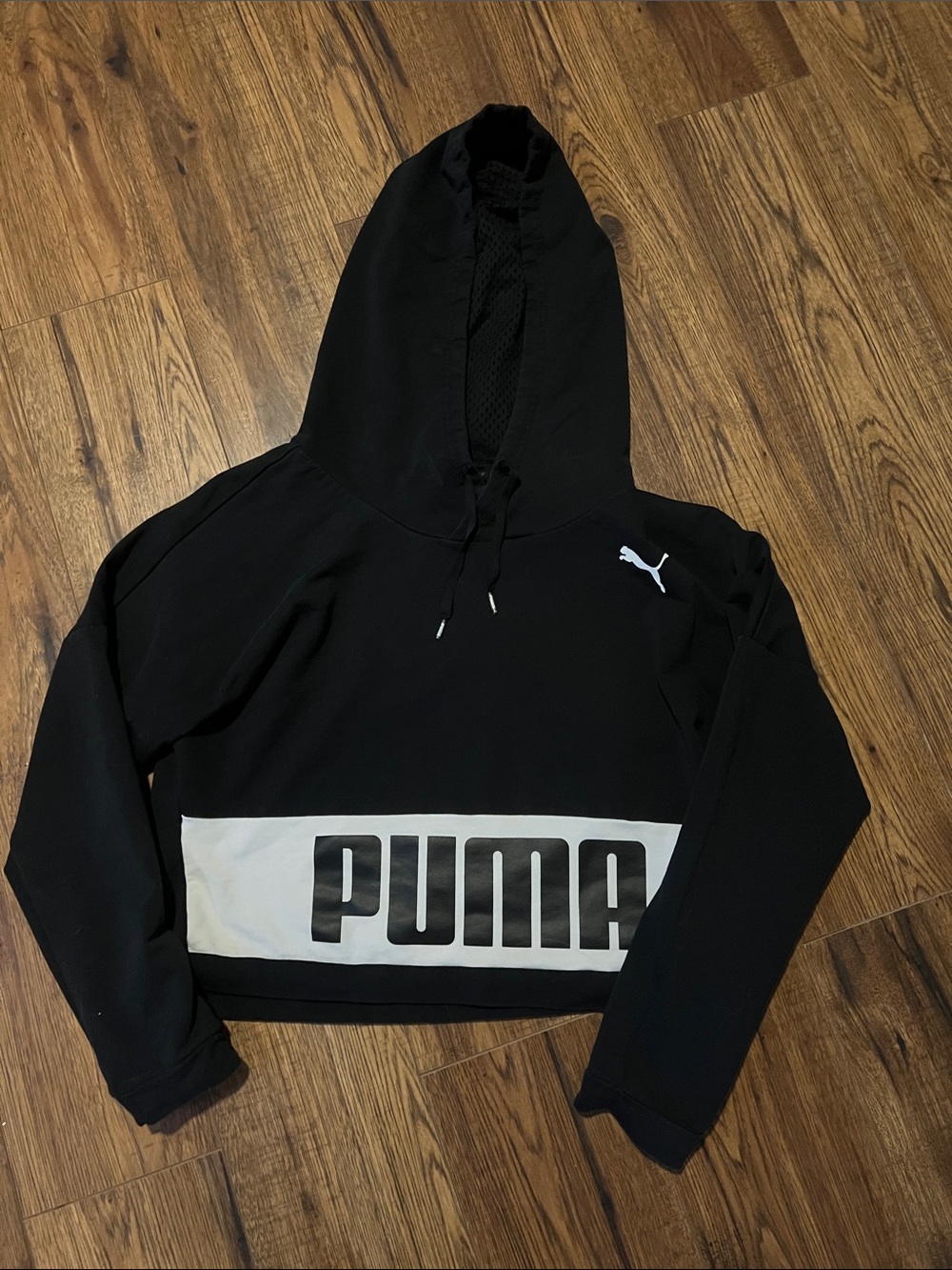 Puma Crop Black Workout Hoodie with White Logo Panel size small
